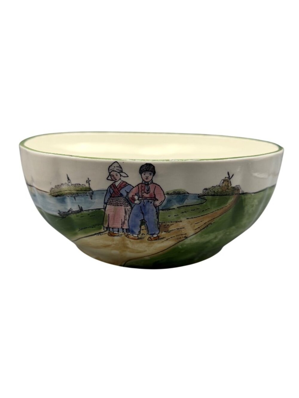 Antique European Folk Art Mixing Bowl 1920s Zell Dutch Children Scene 10" Large